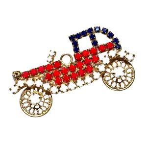 Novelty brooch 1920’s car pin USA patriotic red white & blue rhinestones whimsy